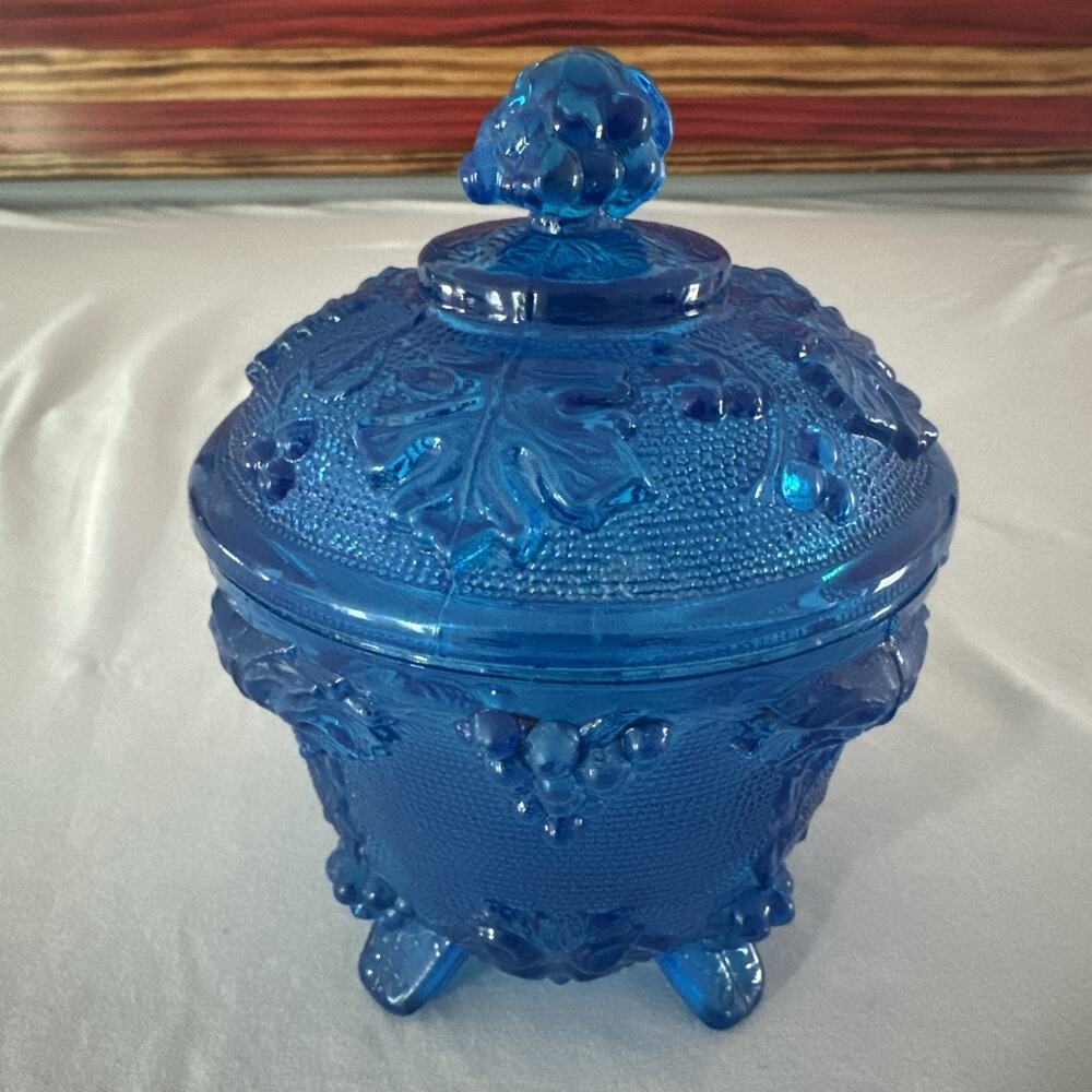 Jeannette Cobalt Blue Grapes And Leaves Candy Jar Flash 5 1/2” Tall